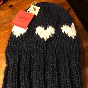 Navy blue with hearts hand knitted toboggan